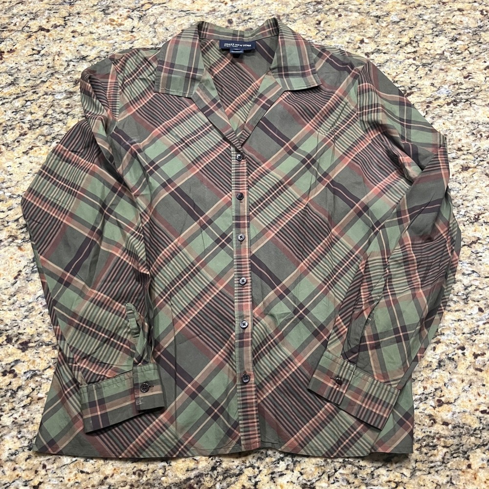 Jones New York Signature Womens XL Green Plaid Cotton Button Down Shirt